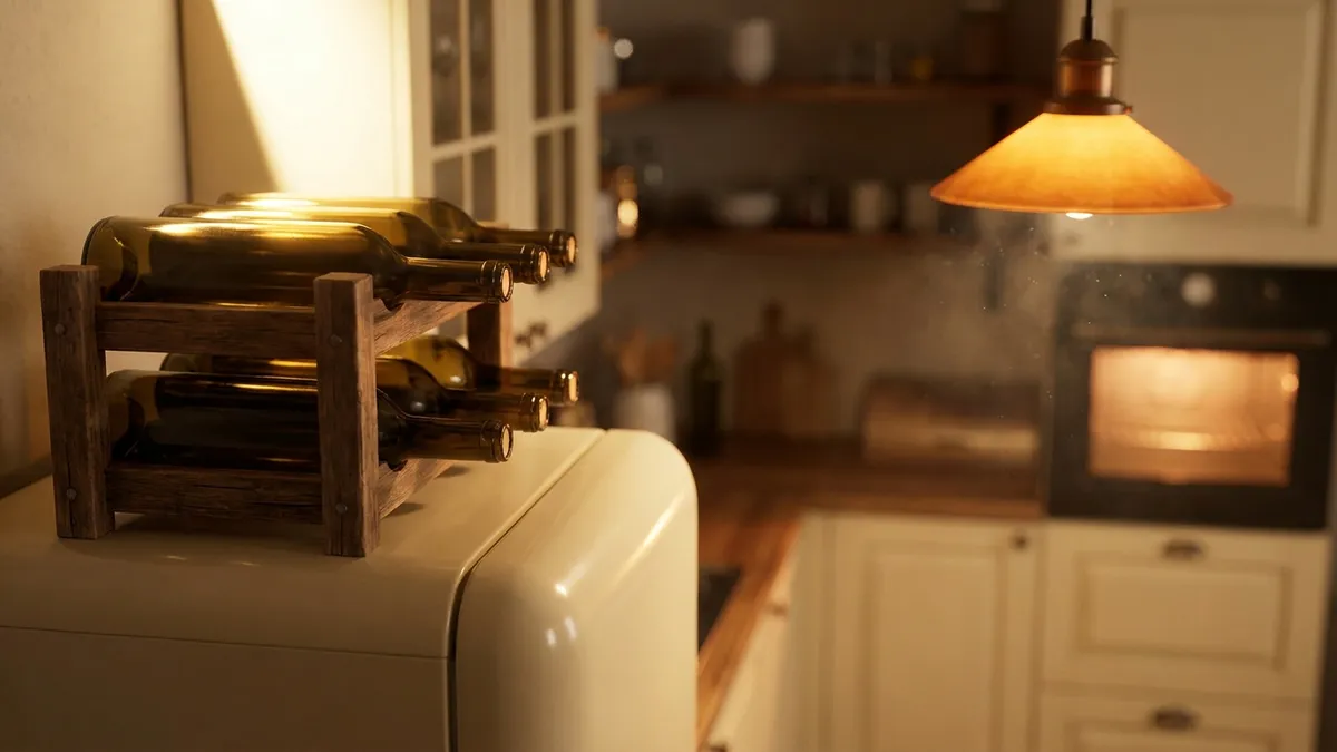Plain wine bottles lying in a small rack on top of a refrigerator, lit by warm kitchen lamp light near an oven