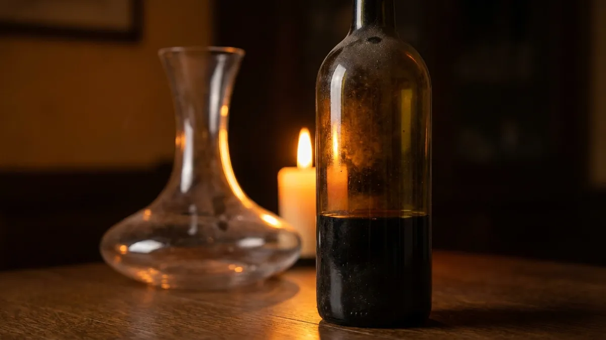 An older red wine bottle standing upright on an oak table beside a decanter, a candle glowing behind it