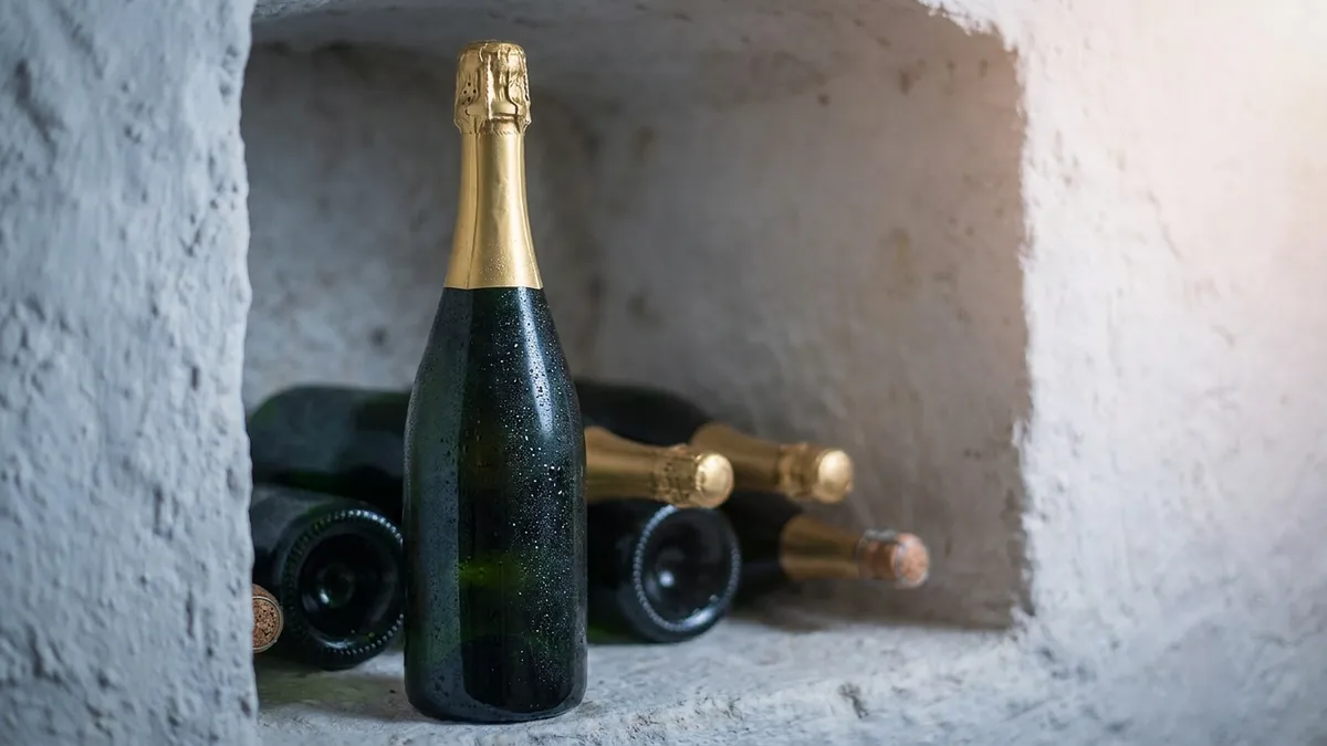 A dark sparkling wine bottle with plain gold foil standing upright in a chalk cellar niche, more sparkling bottles lying on their sides behind it
