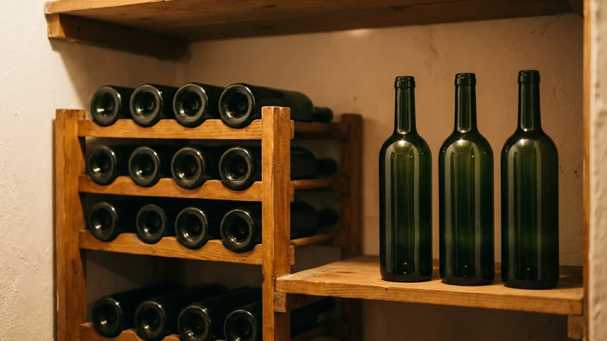 Plain dark wine bottles lying on their sides in a wooden rack next to three bottles standing upright on a shelf in a dim home closet