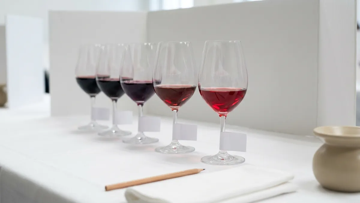 Six coded competition tasting glasses in a numbered blind flight under neutral daylight