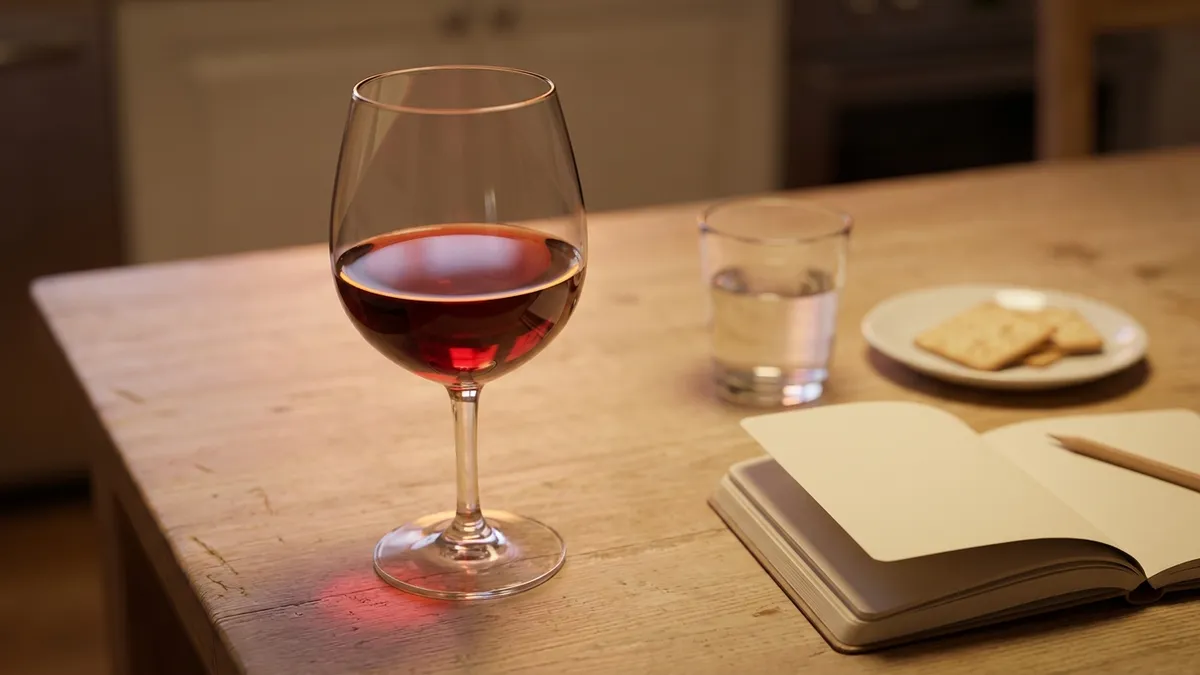 A single glass of red wine, a small notebook, a pencil, and a glass of water set out for an at-home tasting