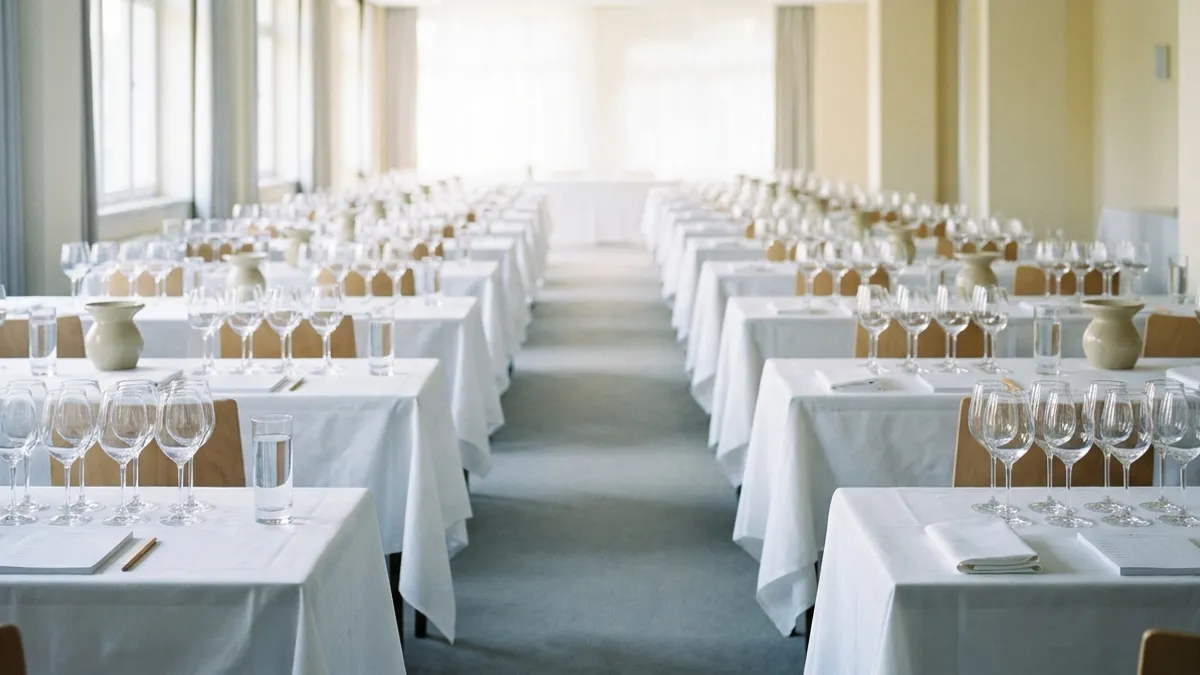 An empty competition judging hall with rows of white-clothed tables set with tasting glasses and spittoons