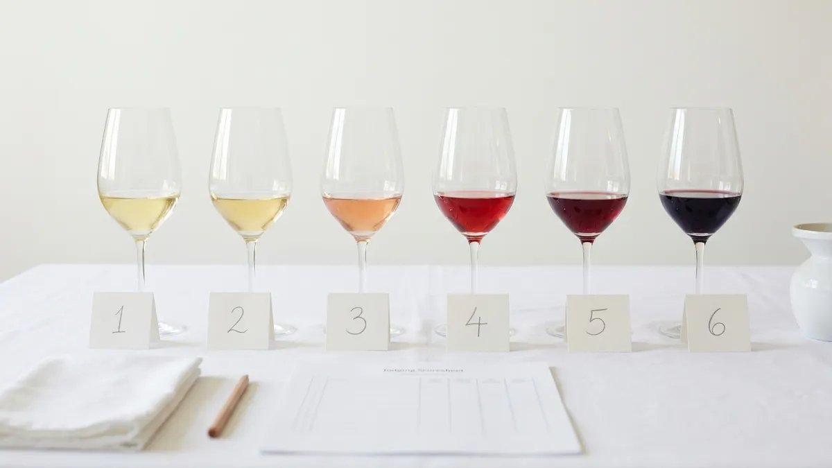 A row of wine glasses on a white competition panel with a scoring sheet beside them