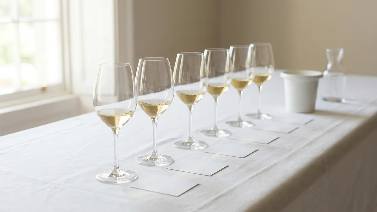 A row of identical tasting glasses of white wine on a white tablecloth with blank face-down cards beside each glass