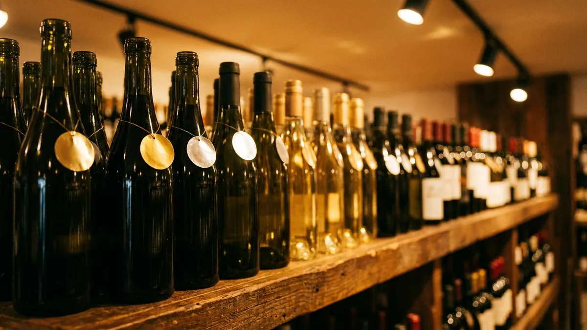 A shop shelf of unlabelled wine bottles, a few wearing small blank gold and silver disc tags, under warm track lighting