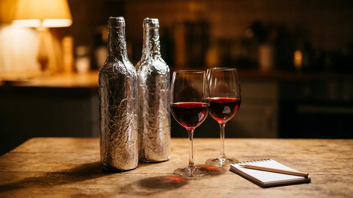 Two foil-wrapped wine bottles and two glasses of red wine on a rustic kitchen table beside a closed notepad