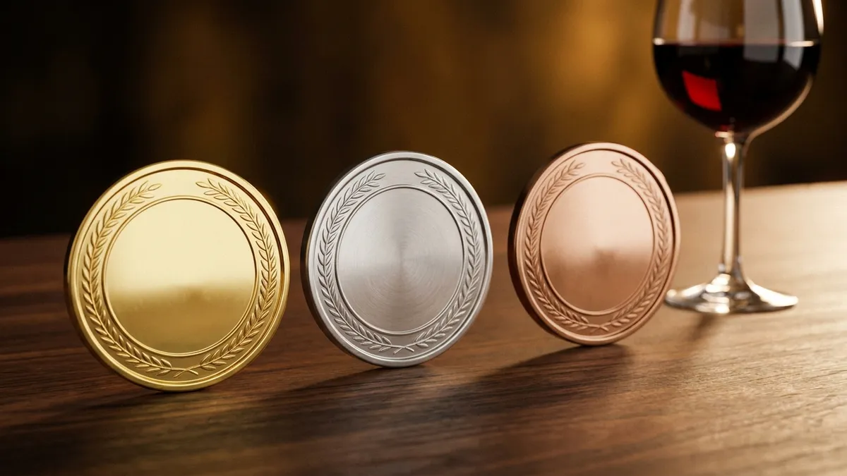 Three blank metal medallions in gold, silver and bronze on a dark walnut table beside a glass of red wine