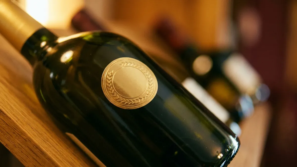 Close-up of a blank round gold medal sticker on the shoulder of a dark green wine bottle on a warmly lit shop shelf