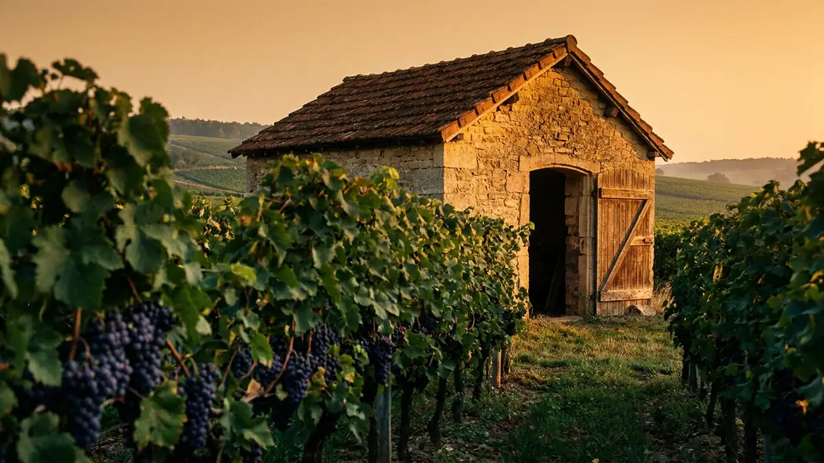A small stone cellar building at the edge of its own vineyard at golden hour, with grape clusters in the foreground
