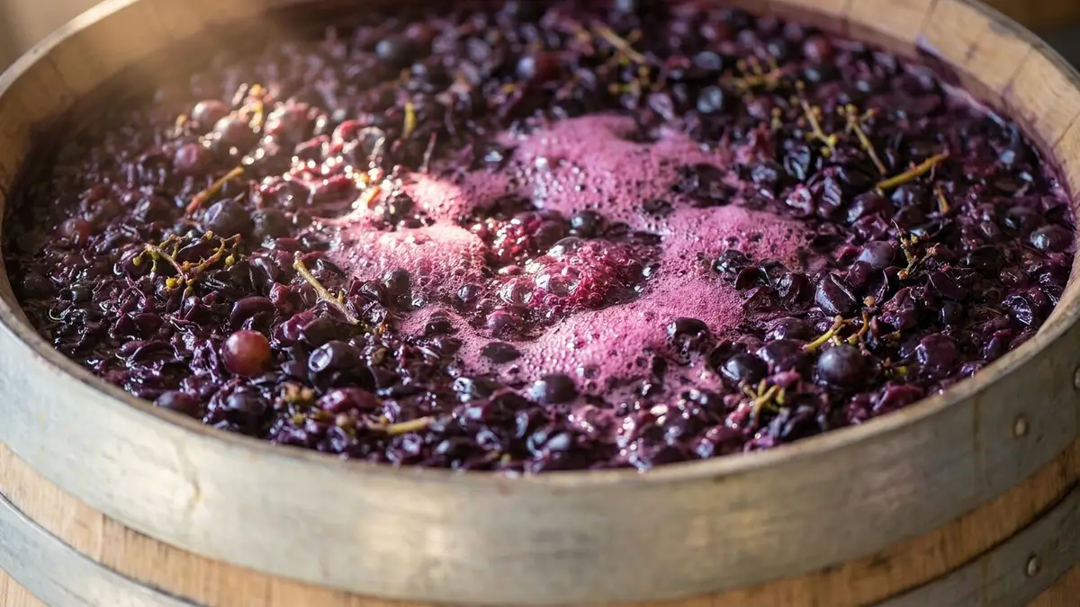Crushed red grapes fermenting in an open oak vat, with foaming purple juice bubbling through a cap of skins
