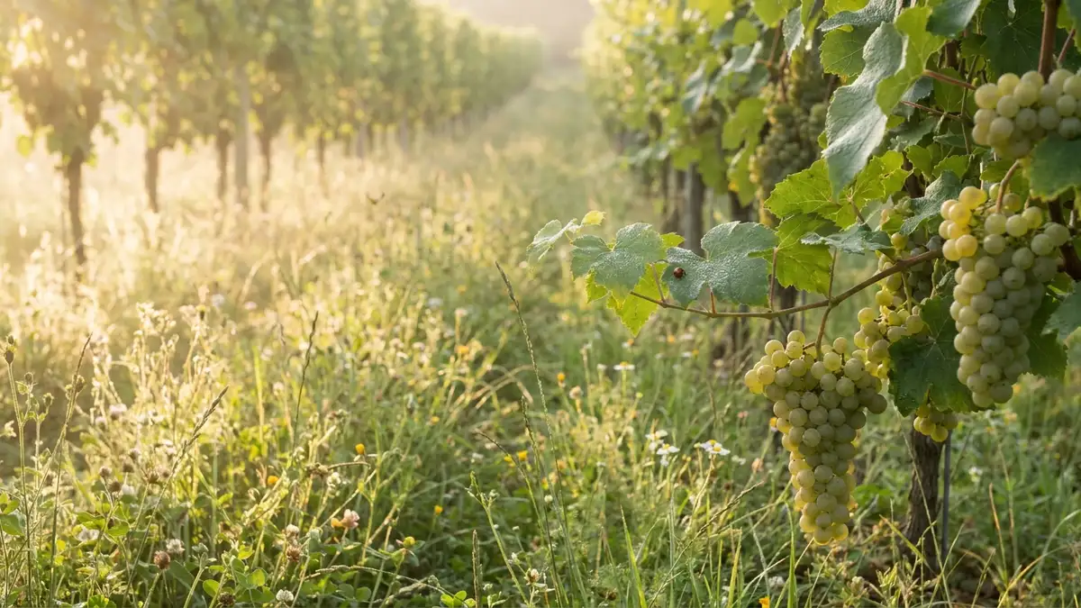 A vineyard row with wildflowers and grasses growing between the vines in soft morning light