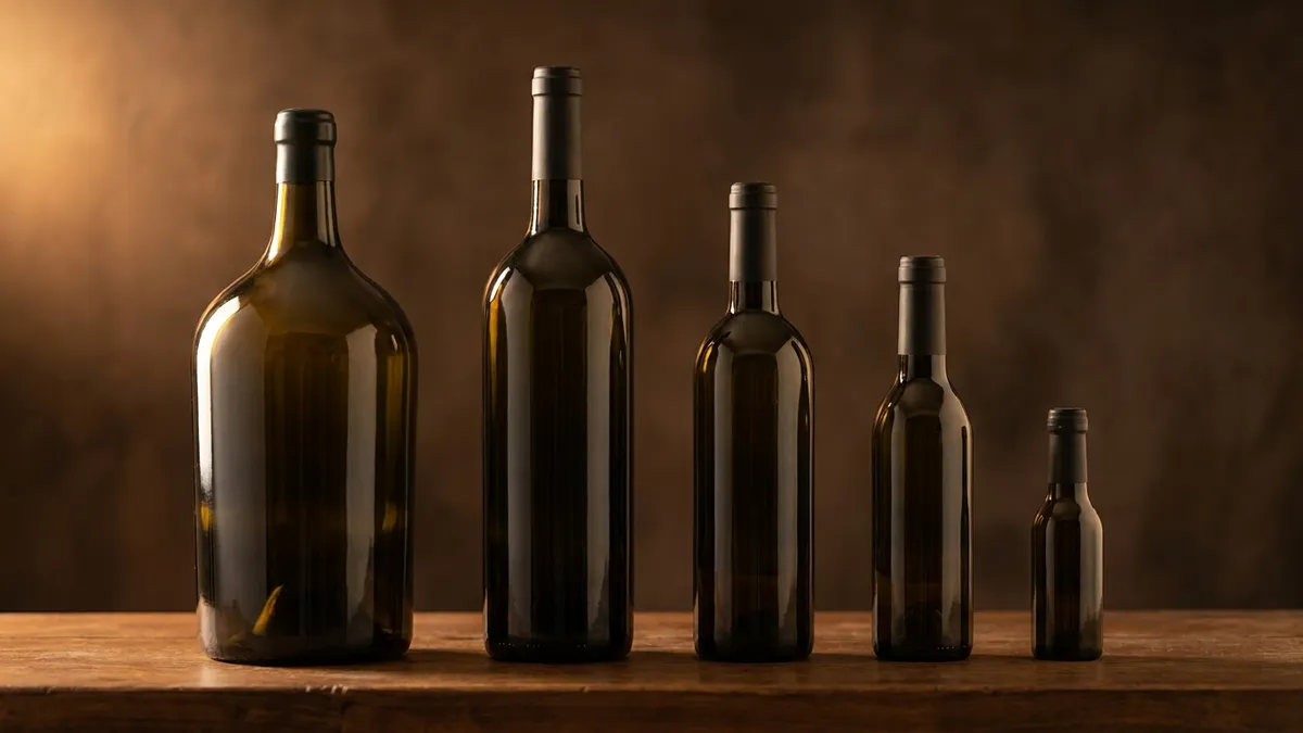 Five plain dark wine bottles in a row on a wooden shelf, from a large format bottle down to a miniature