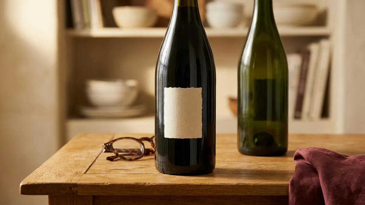 A dark green wine bottle turned to show a blank cream back label on an oak table beside folded reading glasses