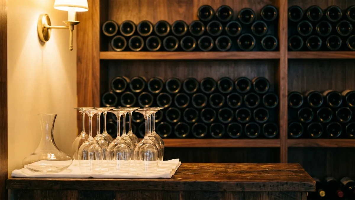 A small restaurant wine room with bottles resting in dark wooden racks and clean upturned glasses and a decanter on a linen cloth