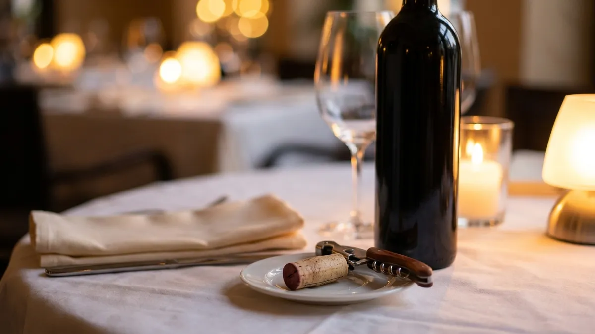 An opened unlabelled wine bottle on a white tablecloth beside its pulled cork, a waiter's corkscrew and an empty wine glass