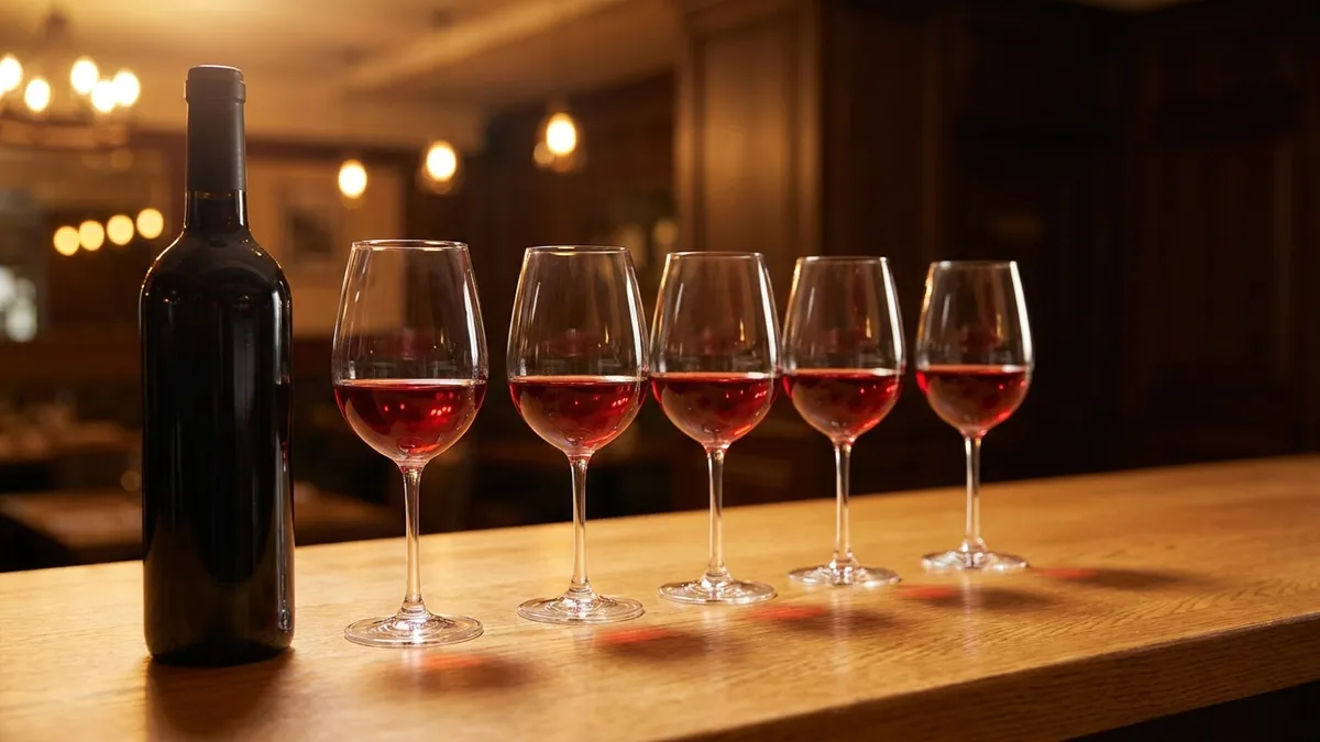 One unlabelled wine bottle beside a row of five stemmed glasses holding equal pours of red wine on an oak bar
