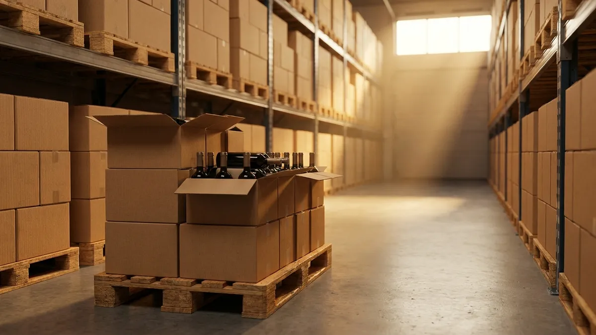 Stacks of plain cardboard wine cases on wooden pallets in a quiet distribution warehouse, lit by a golden beam from a high window