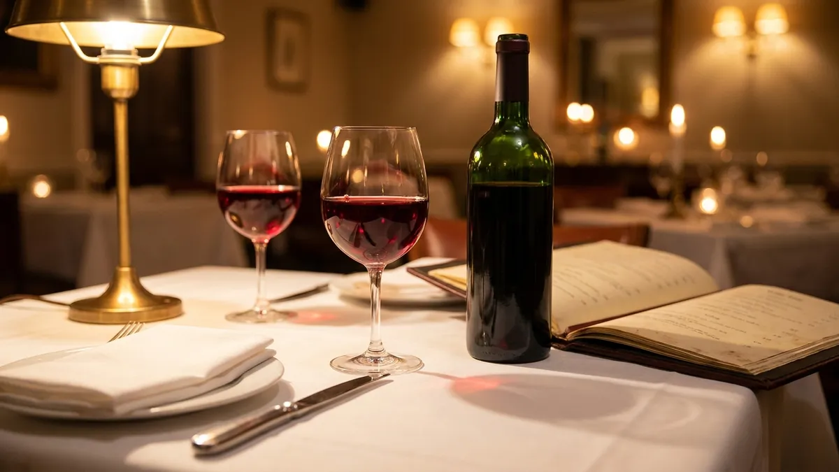 A restaurant table for two with an unlabelled wine bottle, two glasses of red wine and an open leather wine list in warm lamplight