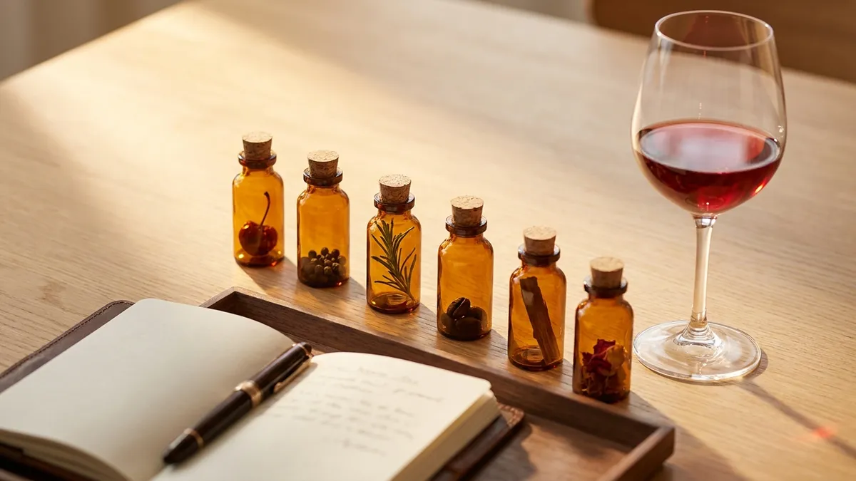A row of small amber vials containing aroma samples beside a single wine glass on a wooden table