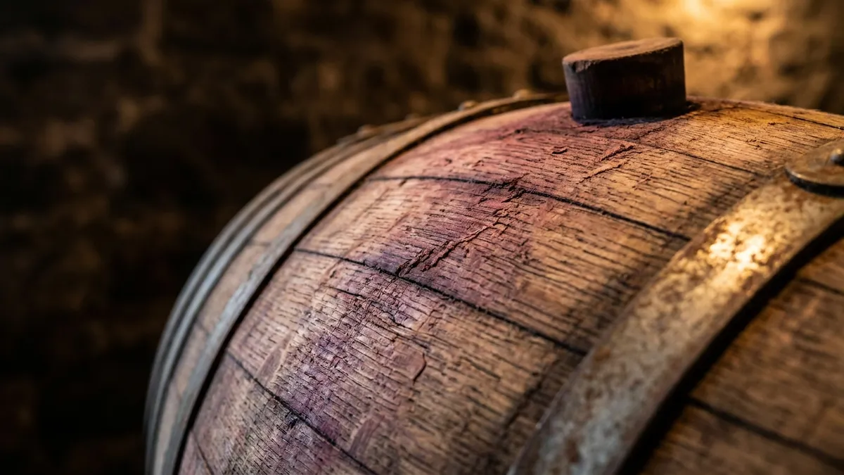 Old oak wine barrel staves with rough, porous grain and dark wine stains around the bung