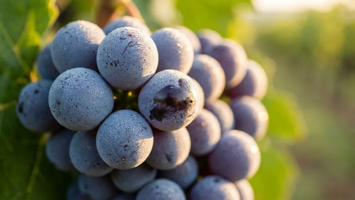 Ripe purple grapes on the vine at dawn covered in a pale, dusty bloom with dew drops on the skins