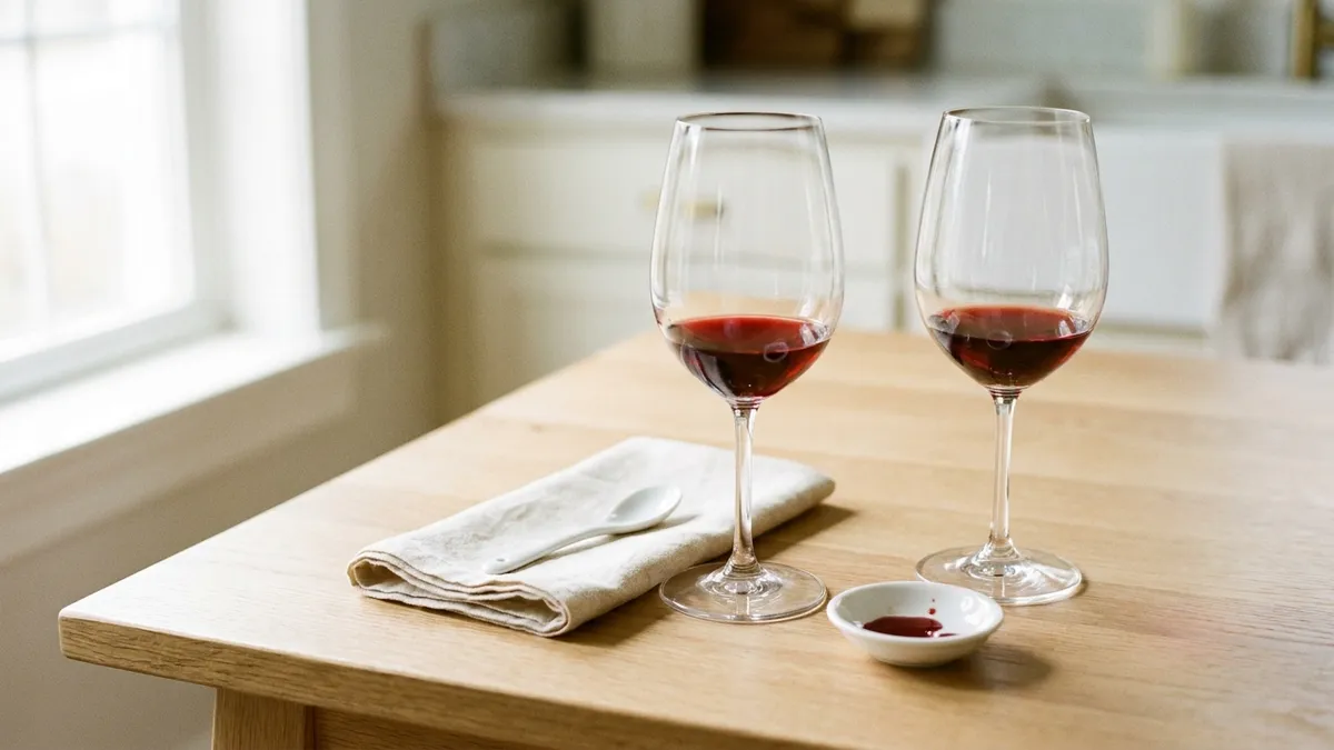 Two identical glasses of red wine side by side with a teaspoon and a small dish of vinegar between them
