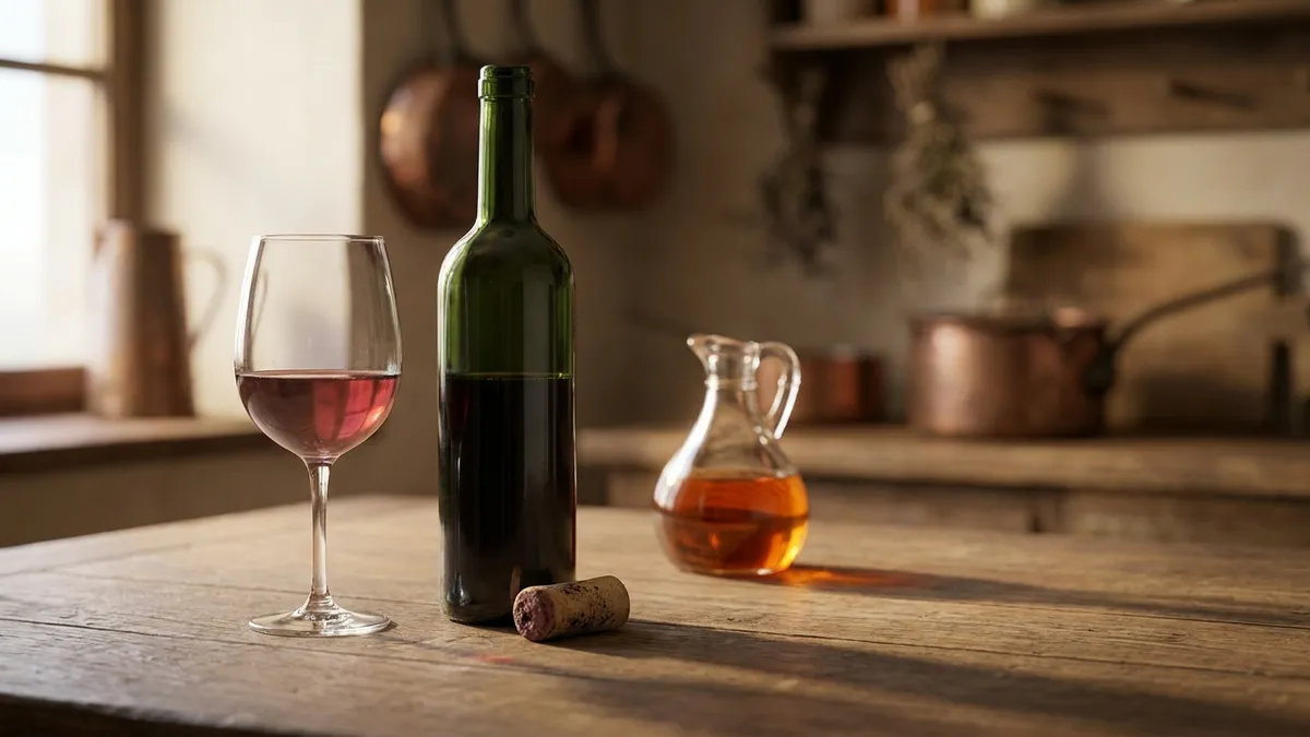 A half-full glass of red wine beside an open bottle with its cork on the table and a small cruet of vinegar behind