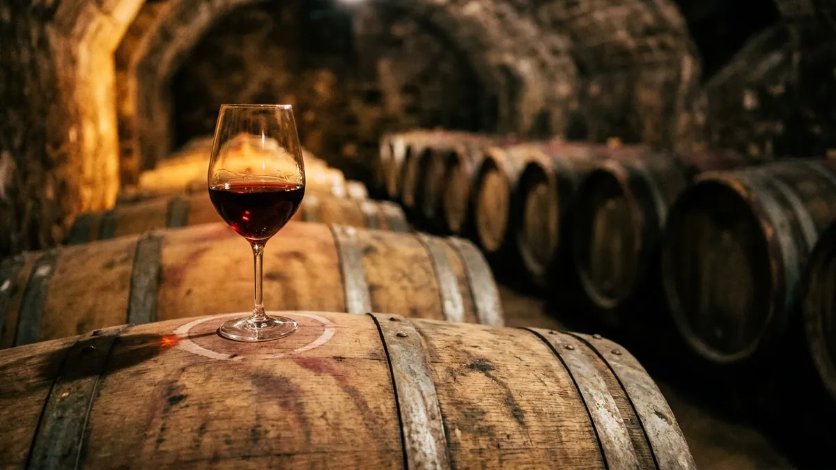 A glass of ruby red wine resting on an old oak barrel in a dim stone cellar, rows of barrels fading into shadow