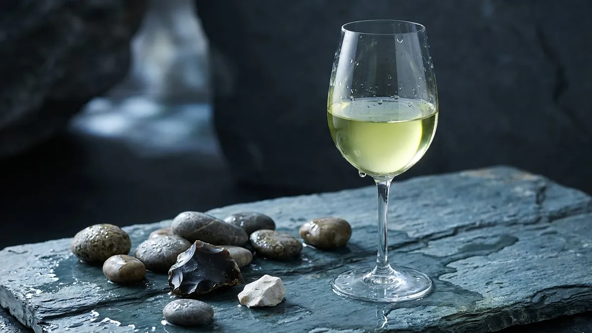A glass of pale wine on a slab of wet slate with scattered small river stones