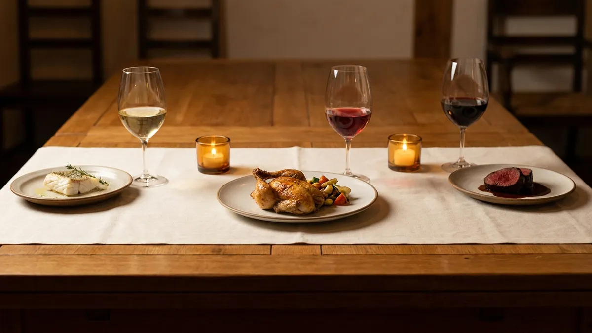 Wine glasses and diverse dishes arranged on a table illustrating different pairing combinations