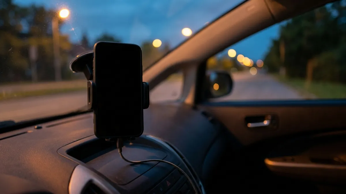 A smartphone in a dashboard mount inside a parked car at dusk, with soft streetlights through the windscreen