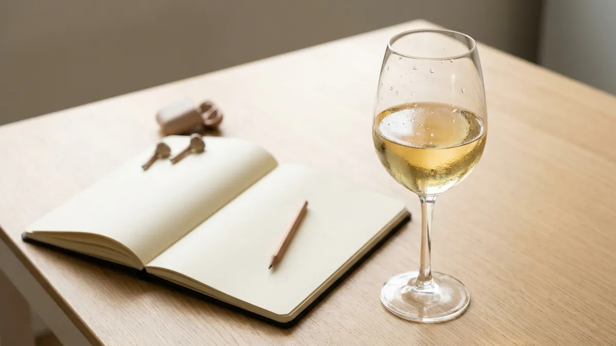 An open blank notebook with a pencil beside a glass of pale white wine and a pair of earbuds on a kitchen table