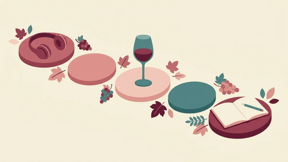 A flat illustration of stepping stones with headphones on the first, a glass of red wine on the third and an open notebook on the last