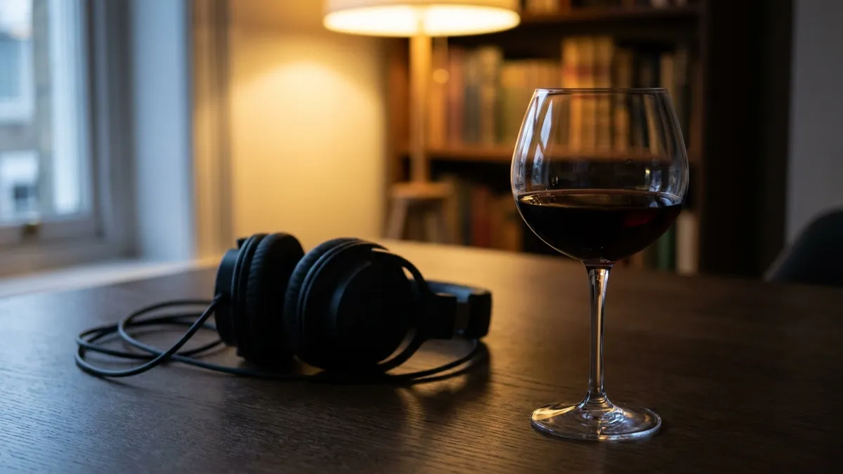 Black over-ear headphones on a dark oak table beside a glass of ruby red wine in warm evening light