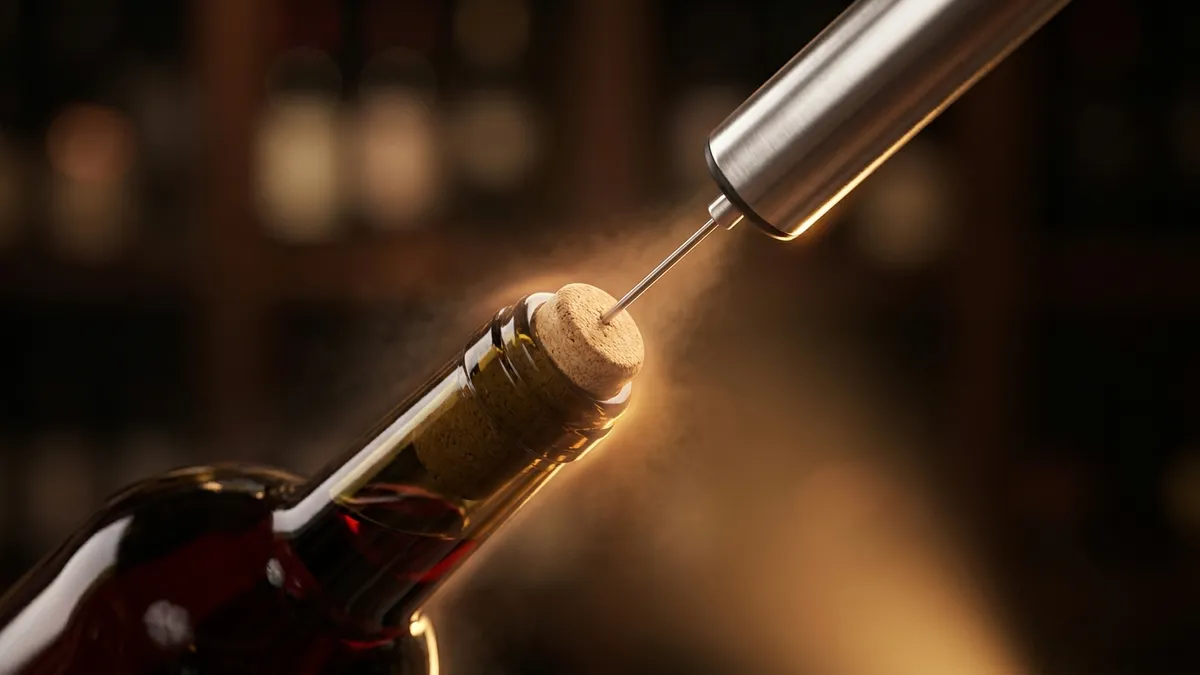 A thin needle poised over the cork of a wine bottle with a soft glow suggesting inert gas filling the space, close up in warm low light