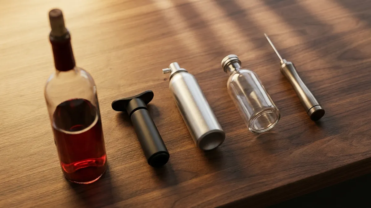 A row of wine preservation tools on a wooden counter beside an open bottle — a vacuum pump stopper, a small gas canister, and spare corks in warm light