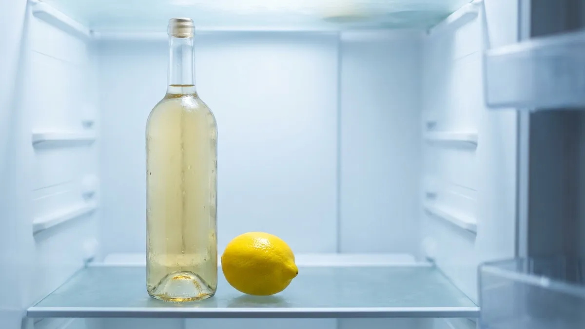 A re-stoppered bottle of white wine standing upright on a refrigerator shelf next to a lemon, in cool soft light