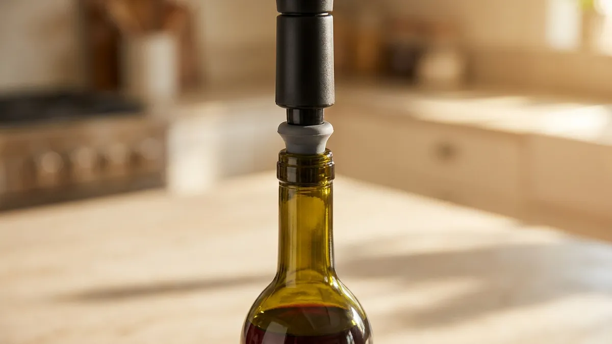 A hand-held vacuum pump seated on the neck of an open red wine bottle on a kitchen counter, close up in soft natural light
