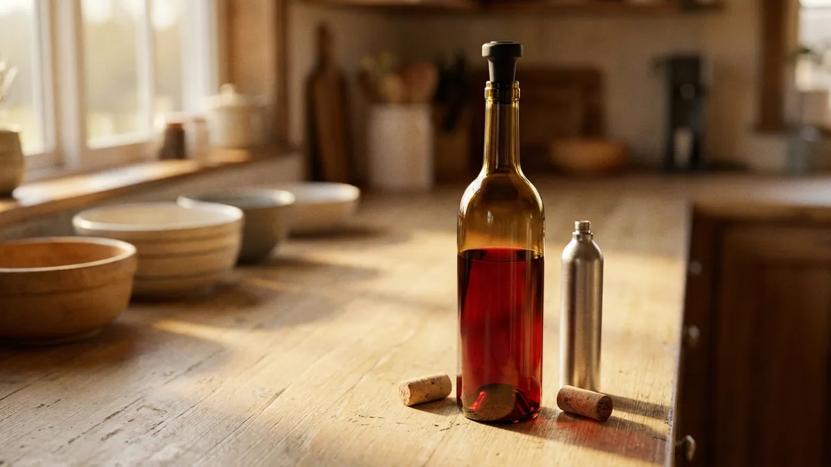 An open bottle of red wine on a kitchen counter beside a vacuum stopper and a small inert-gas canister in warm afternoon light