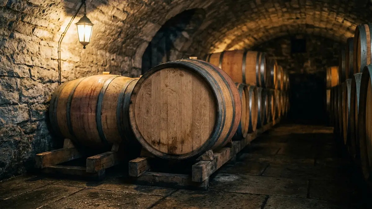 Rows of oak barrels stacked in a dim stone cellar, a single warm lamp raking across the staves