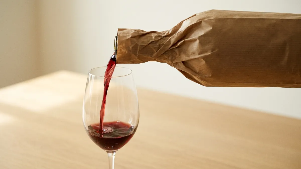 Red wine being poured from a bottle hidden in a brown paper bag into a glass on a plain table, the classic blind-tasting setup