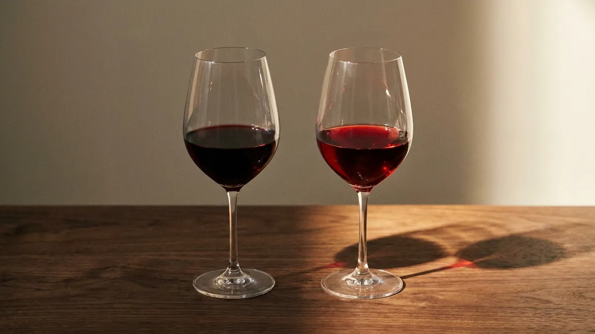Two identical glasses of red wine side by side on a bare wooden table, one lit warmly and one in shadow