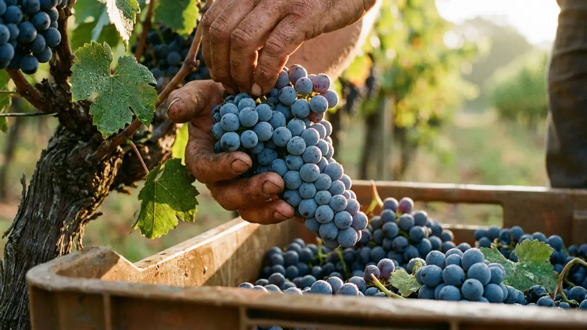 Close-up of hands lifting a ripe dark grape cluster from the vine into a harvest crate in soft morning light