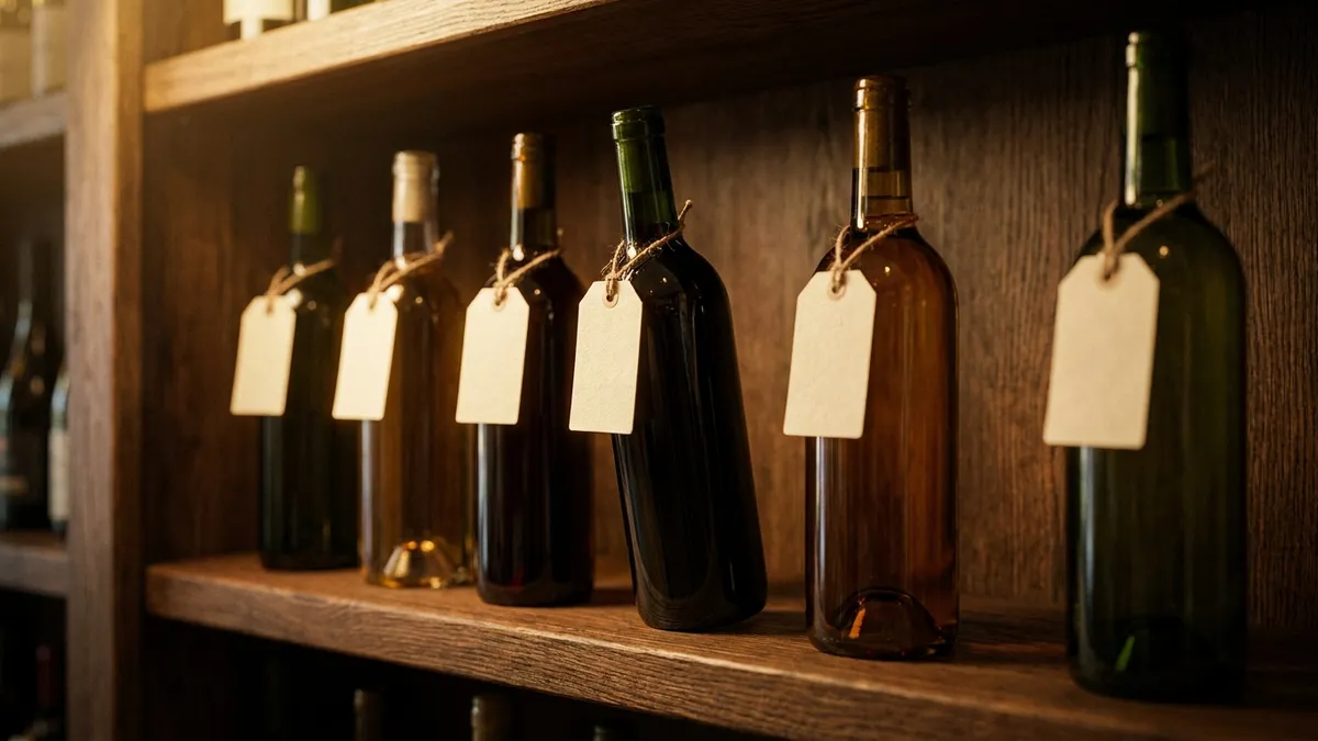 A row of unlabeled wine bottles on a wooden shop shelf with small blank price tags, one bottle pulled forward in warm light