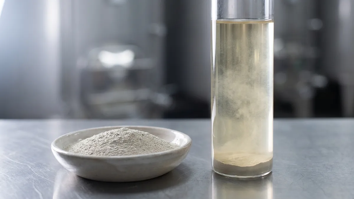 A dish of fine grey clay powder beside a tall glass cylinder of white wine with grey particles drifting down and settling