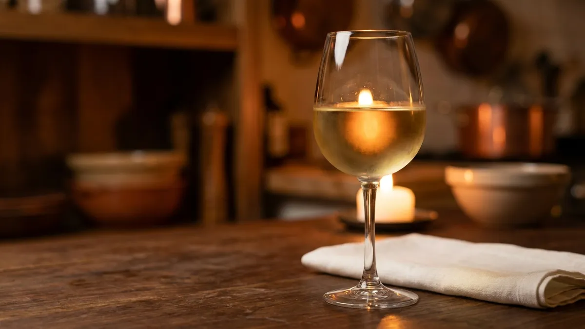 A glass of pale golden white wine with a candle flame glowing softly through a faint haze on a dark wooden table