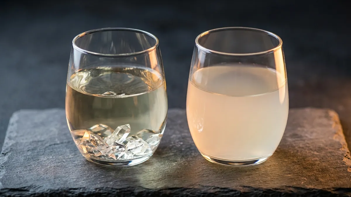 Two glasses of pale white wine on dark slate, one clear with glassy crystals on the bottom and one with an even milky haze