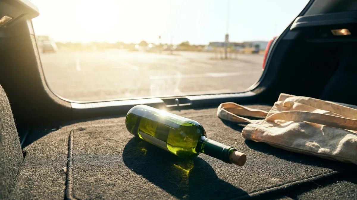 A plain green bottle of white wine lying in the open boot of a car in harsh summer sunlight