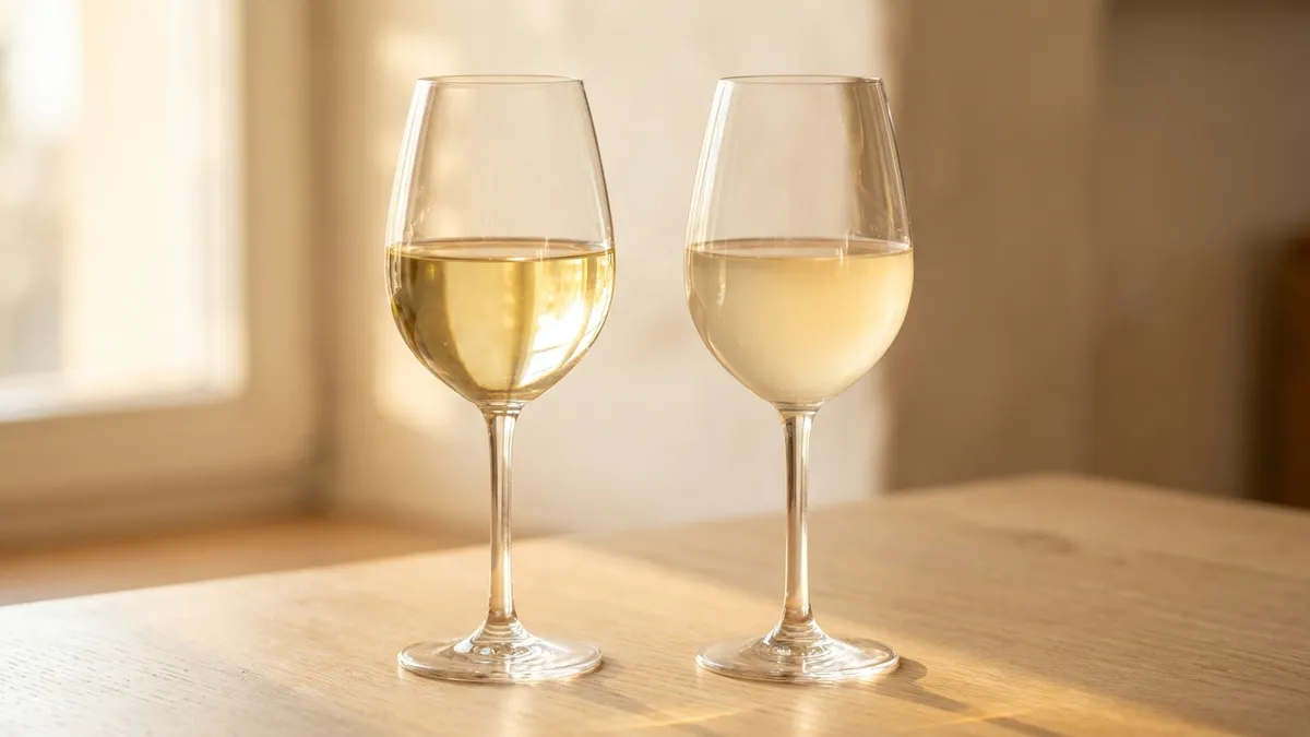 Two glasses of pale white wine side by side in warm window light, one brilliantly clear and one with a soft milky haze